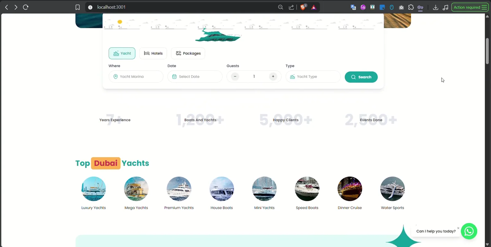 BookYourVibes discovery section for choosing a yacht experience