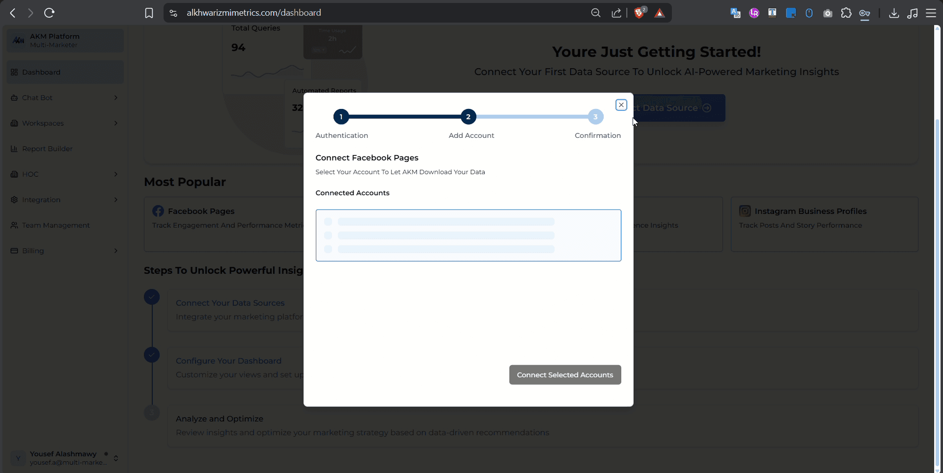 Three-step Facebook account connection modal